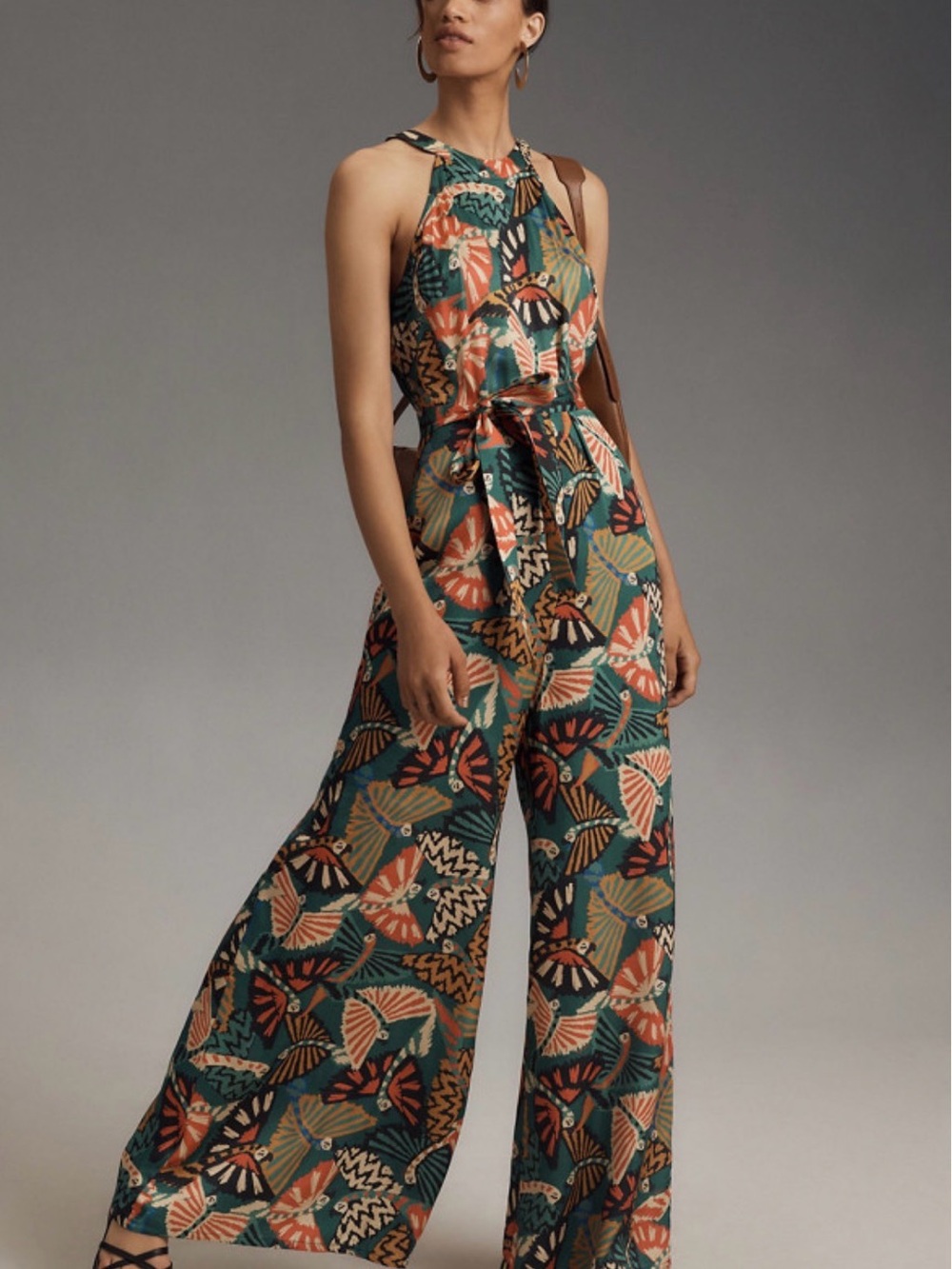 Farm Rio for Anthropogie Sleeveless Halter Wide-Leg Jumpsuit in Teal Multi